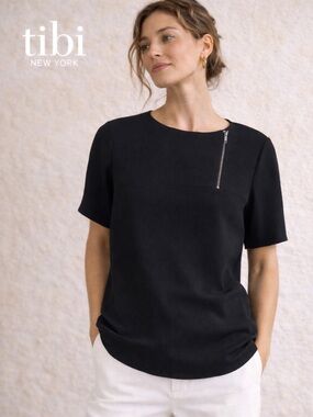 Tibi Black Short-Sleeve Top with Asymmetrical Zip